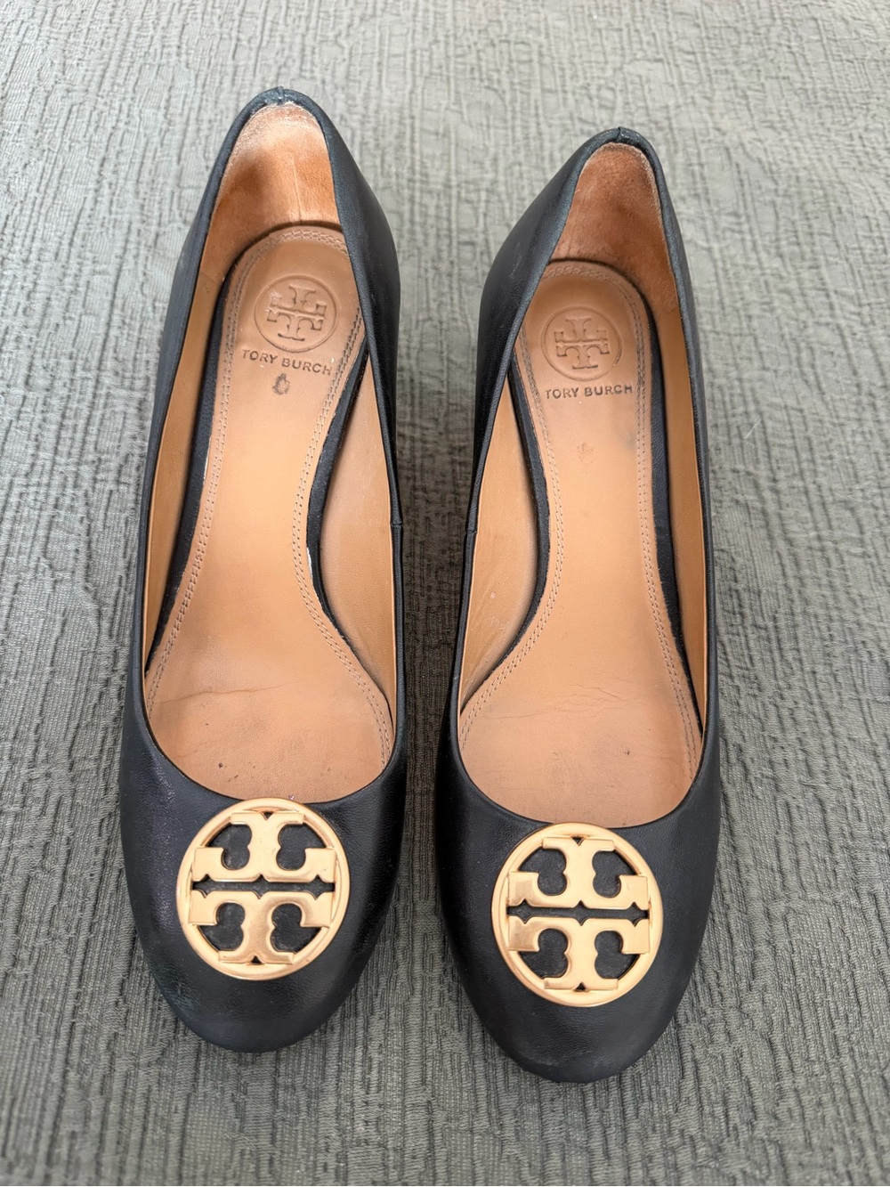 Tory Burch Black Leather Ballet Wedge with Gold Logo Professional Career Shoe